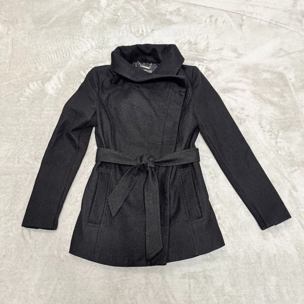 Express Black Wool Blend Belted Asymmetrical Zip Funnel Neck Coat Size XS